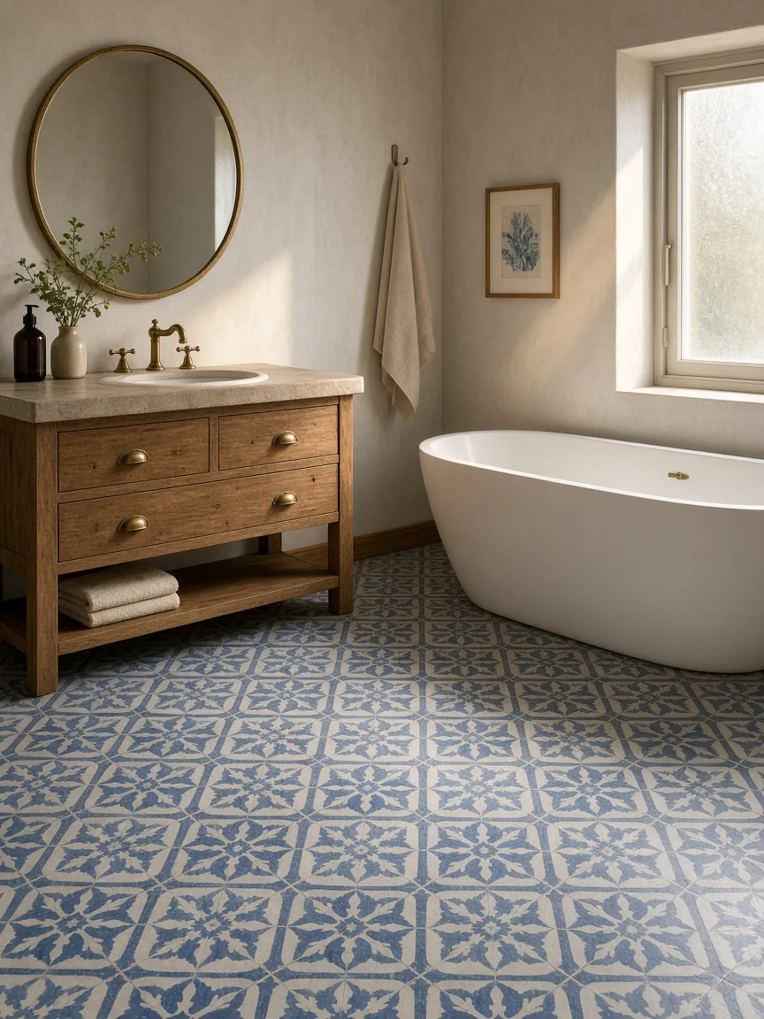 Grok Imagine 2.0: Bathroom interior with blue and white patterned cement floor tiles, a freestanding white bathtub, a round mirror above a wooden vanity and a brass faucet. Morning light from a small frosted window.