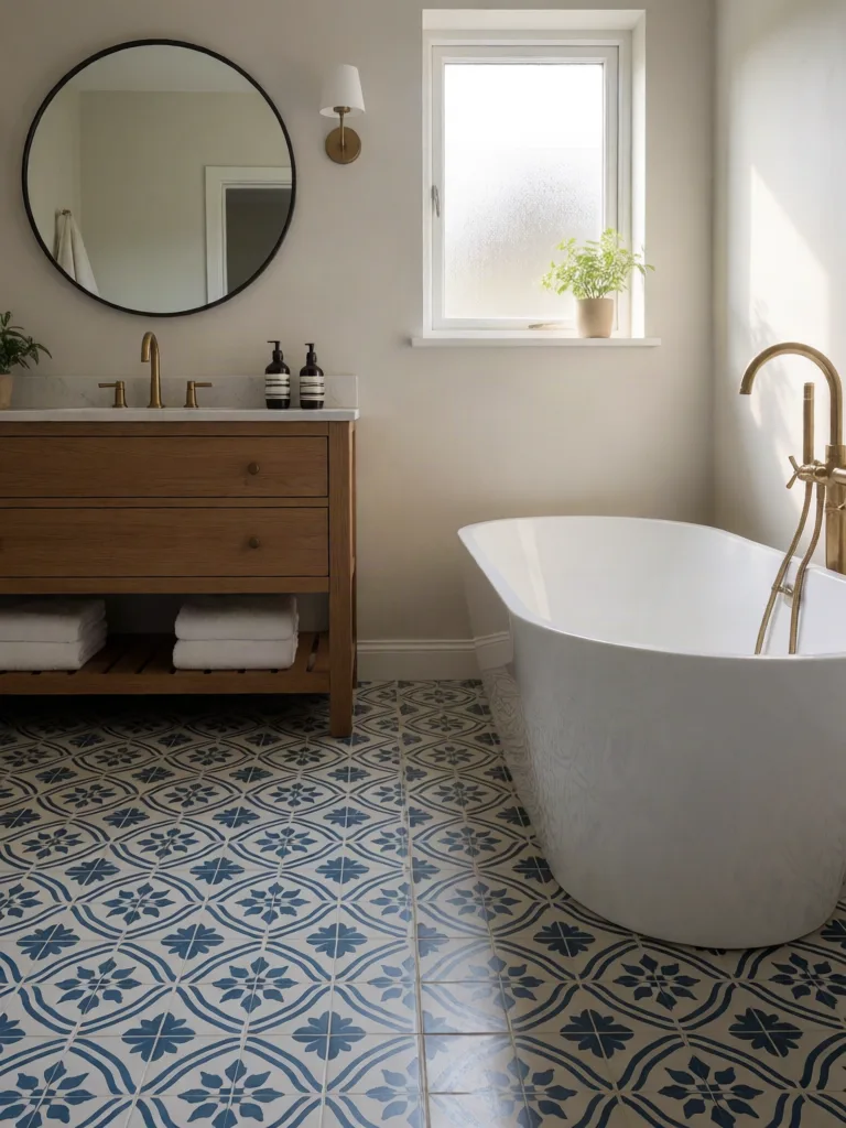Krea 2 Turbo: Bathroom interior with blue and white patterned cement floor tiles, a freestanding white bathtub, a round mirror above a wooden vanity and a brass faucet. Morning light from a small frosted window.