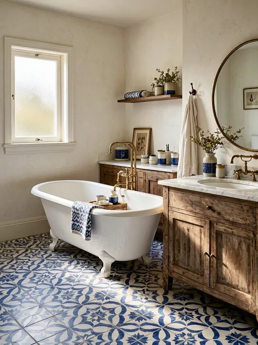 MAI-Image-2.5-Pro: Bathroom interior with blue and white patterned cement floor tiles, a freestanding white bathtub, a round mirror above a wooden vanity and a brass faucet. Morning light from a small frosted window.