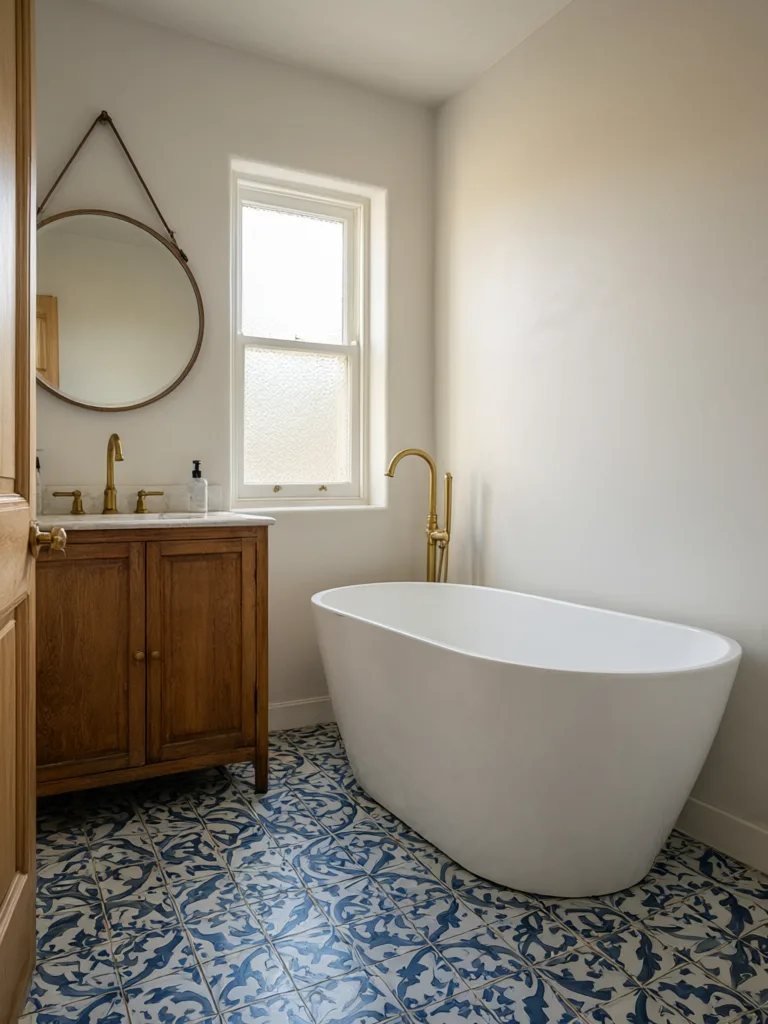 Qwen Image 3: Bathroom interior with blue and white patterned cement floor tiles, a freestanding white bathtub, a round mirror above a wooden vanity and a brass faucet. Morning light from a small frosted window.