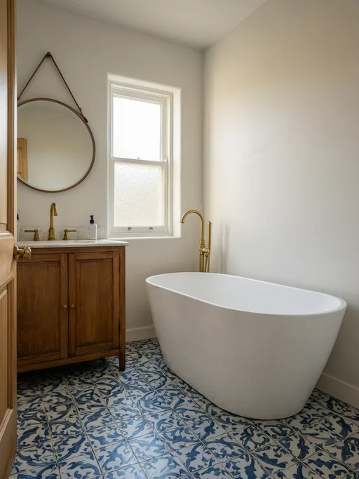 Qwen Image 3 output for the "Bathroom with patterned tiles" prompt