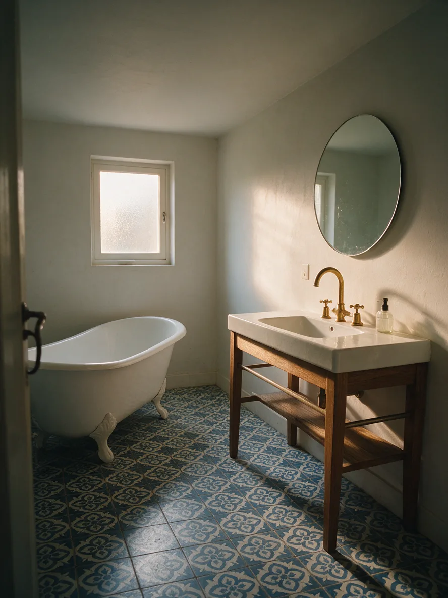 Seedream 5.0 Pro: Bathroom interior with blue and white patterned cement floor tiles, a freestanding white bathtub, a round mirror above a wooden vanity and a brass faucet. Morning light from a small frosted window.