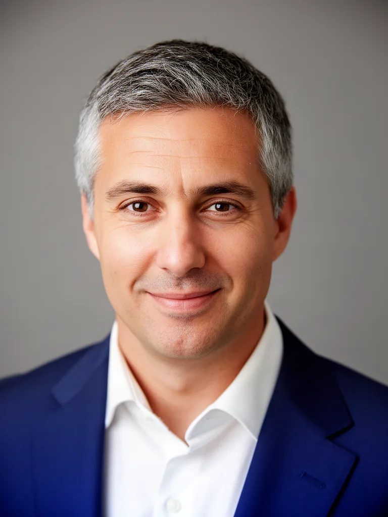 FLUX.2 [dev]: Professional corporate headshot of a man in his forties with short salt-and-pepper hair, wearing a navy suit and a white shirt, with a slight smile, against a neutral mid-gray seamless backdrop. Soft key light from the left with a gentle fill, sharp focus on the eyes, shallow depth of field.