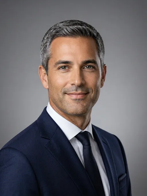 MAI-Image-2.5-Pro: Professional corporate headshot of a man in his forties with short salt-and-pepper hair, wearing a navy suit and a white shirt, with a slight smile, against a neutral mid-gray seamless backdrop. Soft key light from the left with a gentle fill, sharp focus on the eyes, shallow depth of field.