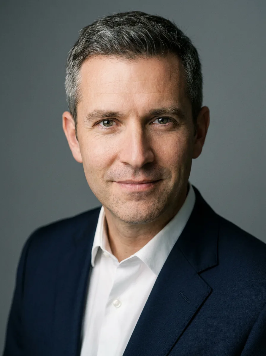 Nano Banana Pro: Professional corporate headshot of a man in his forties with short salt-and-pepper hair, wearing a navy suit and a white shirt, with a slight smile, against a neutral mid-gray seamless backdrop. Soft key light from the left with a gentle fill, sharp focus on the eyes, shallow depth of field.