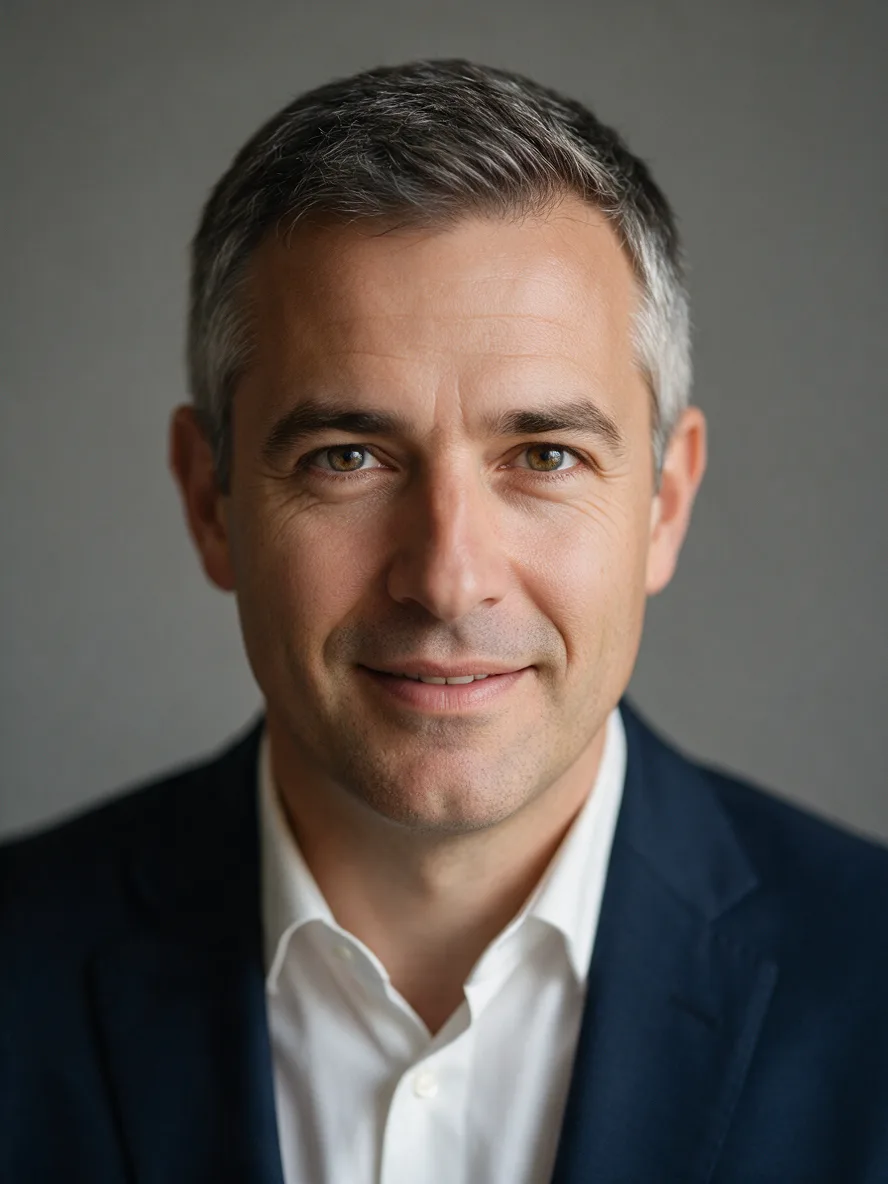 Seedream 5.0 Pro: Professional corporate headshot of a man in his forties with short salt-and-pepper hair, wearing a navy suit and a white shirt, with a slight smile, against a neutral mid-gray seamless backdrop. Soft key light from the left with a gentle fill, sharp focus on the eyes, shallow depth of field.