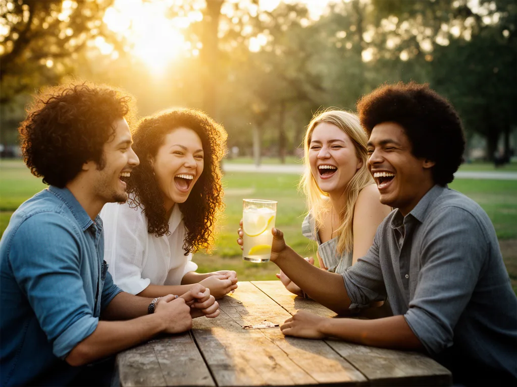 FLUX.2 [dev]: Candid photo of four friends of different ethnicities laughing together at a picnic table in a park at golden hour, one of them raising a glass of lemonade. Natural expressions, warm backlight, 35mm lens look.