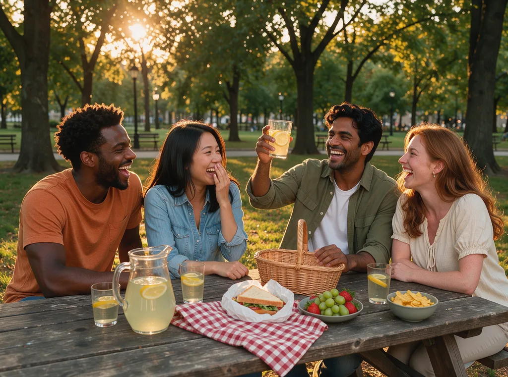 FLUX 3: Candid photo of four friends of different ethnicities laughing together at a picnic table in a park at golden hour, one of them raising a glass of lemonade. Natural expressions, warm backlight, 35mm lens look.