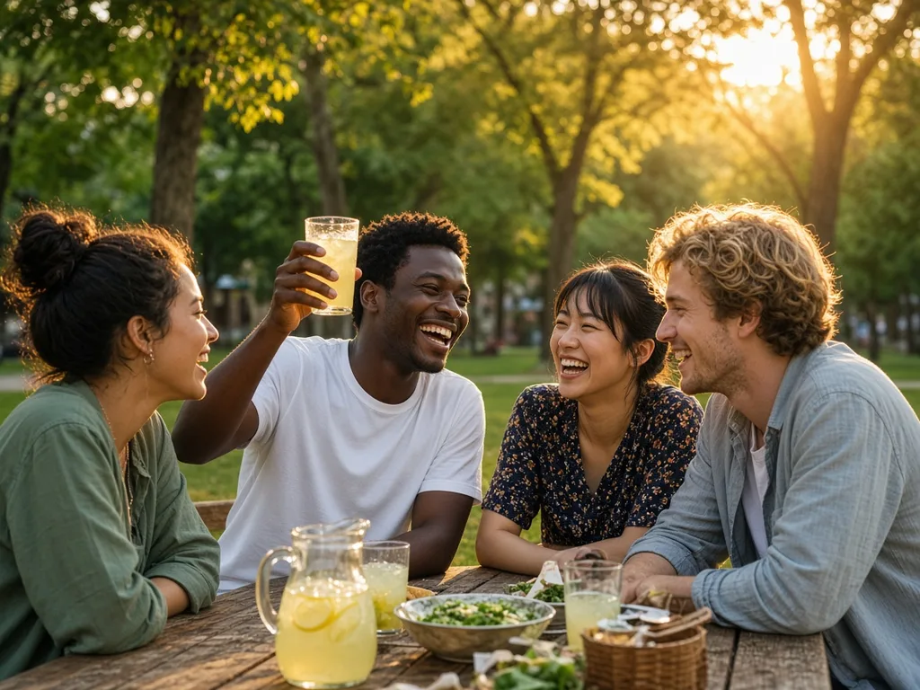Grok Imagine 2.0: Candid photo of four friends of different ethnicities laughing together at a picnic table in a park at golden hour, one of them raising a glass of lemonade. Natural expressions, warm backlight, 35mm lens look.