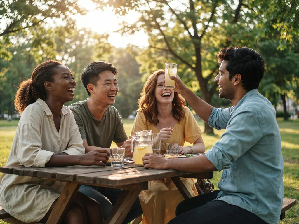 Ideogram V4.5: Candid photo of four friends of different ethnicities laughing together at a picnic table in a park at golden hour, one of them raising a glass of lemonade. Natural expressions, warm backlight, 35mm lens look.