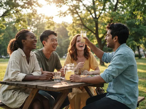 Ideogram V4.5 output for the "Four friends laughing outdoors" prompt