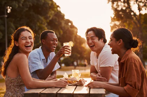 Luma Uni-1 Max: Candid photo of four friends of different ethnicities laughing together at a picnic table in a park at golden hour, one of them raising a glass of lemonade. Natural expressions, warm backlight, 35mm lens look.
