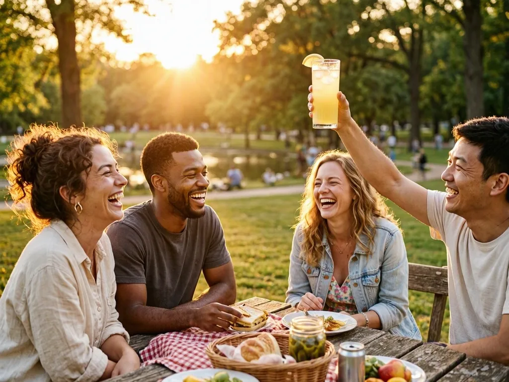 MAI-Image-2.5-Pro: Candid photo of four friends of different ethnicities laughing together at a picnic table in a park at golden hour, one of them raising a glass of lemonade. Natural expressions, warm backlight, 35mm lens look.