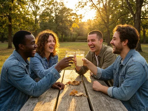 Qwen Image 3 output for the "Four friends laughing outdoors" prompt