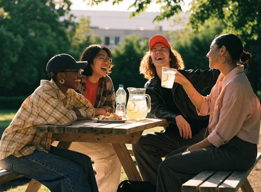 Recraft V4.1: Four friends laughing outdoors