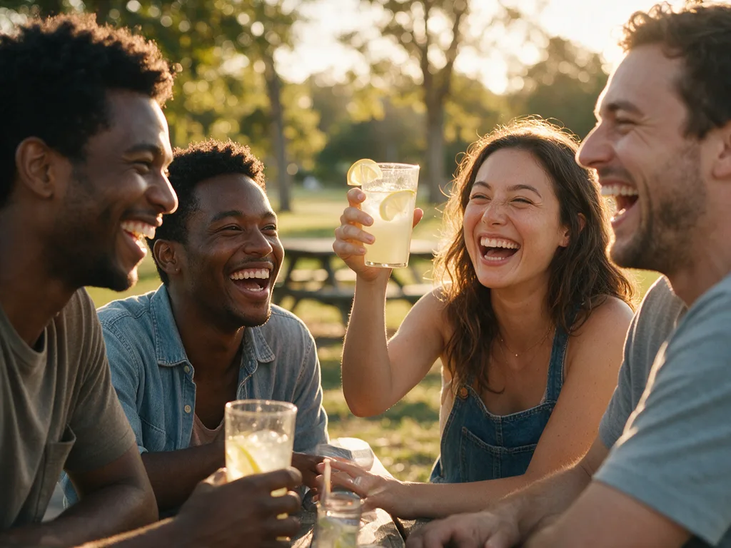 Seedream 5.0 Pro: Candid photo of four friends of different ethnicities laughing together at a picnic table in a park at golden hour, one of them raising a glass of lemonade. Natural expressions, warm backlight, 35mm lens look.