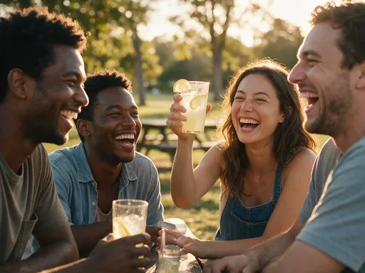 Seedream 5.0 Pro: Four friends laughing outdoors