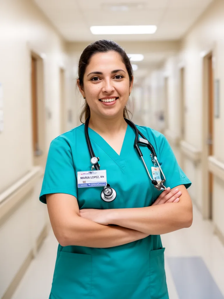 FLUX.2 [dev]: Friendly portrait of a female nurse in teal scrubs standing in a bright hospital corridor with her arms crossed and a stethoscope around her neck. Her name badge clearly reads "MARIA LOPEZ, RN".