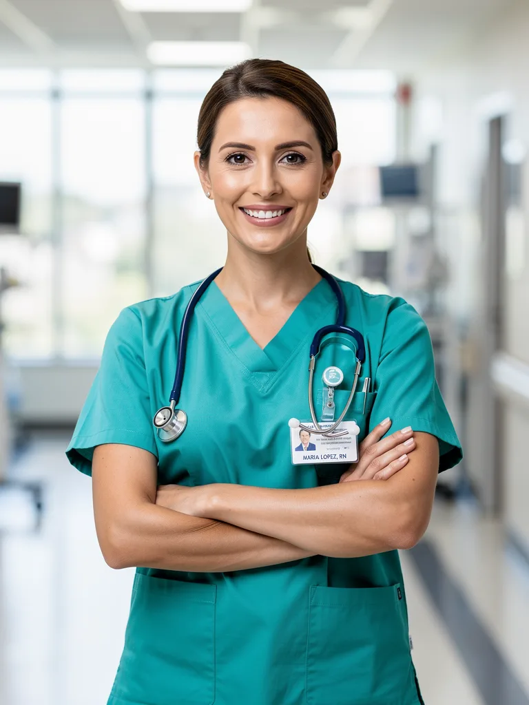 FLUX.2 [pro]: Friendly portrait of a female nurse in teal scrubs standing in a bright hospital corridor with her arms crossed and a stethoscope around her neck. Her name badge clearly reads "MARIA LOPEZ, RN".