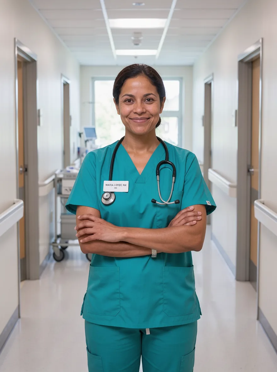FLUX 3: Friendly portrait of a female nurse in teal scrubs standing in a bright hospital corridor with her arms crossed and a stethoscope around her neck. Her name badge clearly reads "MARIA LOPEZ, RN".