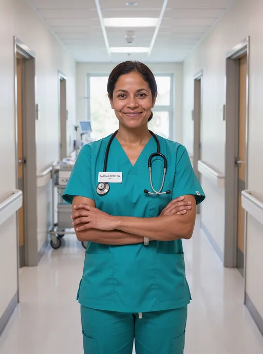 FLUX 3: Friendly portrait of a female nurse in teal scrubs standing in a bright hospital corridor with her arms crossed and a stethoscope around her neck. Her name badge clearly reads "MARIA LOPEZ, RN".