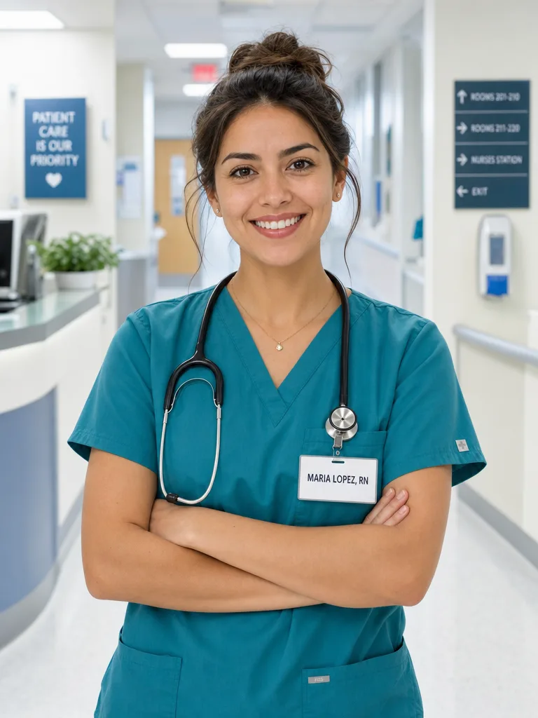 GPT Image 2: Friendly portrait of a female nurse in teal scrubs standing in a bright hospital corridor with her arms crossed and a stethoscope around her neck. Her name badge clearly reads "MARIA LOPEZ, RN".