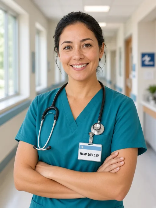Grok Imagine 2.0 output for the "Nurse with a readable name badge" prompt
