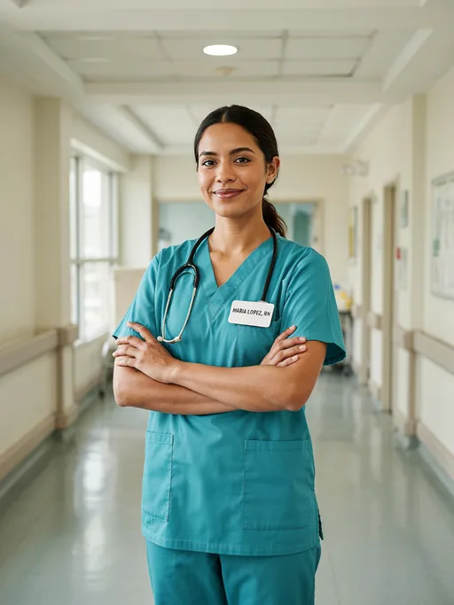Ideogram V4.5 output for the "Nurse with a readable name badge" prompt