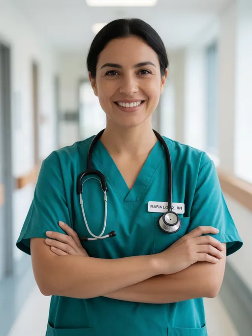 Krea 2 Turbo output for the "Nurse with a readable name badge" prompt