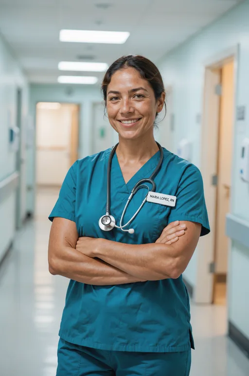 Luma Uni-1 Max: Friendly portrait of a female nurse in teal scrubs standing in a bright hospital corridor with her arms crossed and a stethoscope around her neck. Her name badge clearly reads "MARIA LOPEZ, RN".