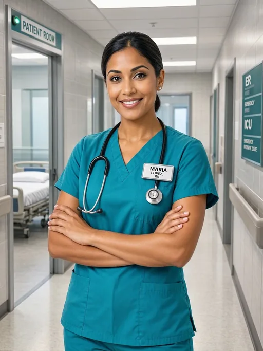 MAI-Image-2.5-Pro: Friendly portrait of a female nurse in teal scrubs standing in a bright hospital corridor with her arms crossed and a stethoscope around her neck. Her name badge clearly reads "MARIA LOPEZ, RN".