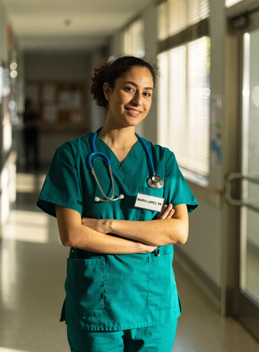 Recraft V4.1: Friendly portrait of a female nurse in teal scrubs standing in a bright hospital corridor with her arms crossed and a stethoscope around her neck. Her name badge clearly reads "MARIA LOPEZ, RN".