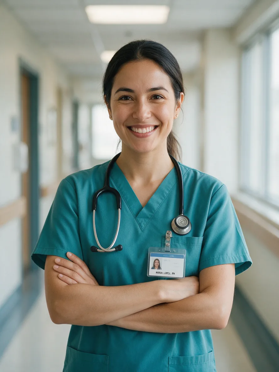 Seedream 5.0 Pro: Friendly portrait of a female nurse in teal scrubs standing in a bright hospital corridor with her arms crossed and a stethoscope around her neck. Her name badge clearly reads "MARIA LOPEZ, RN".