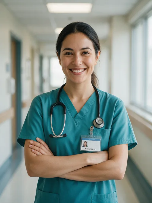 Seedream 5.0 Pro output for the "Nurse with a readable name badge" prompt