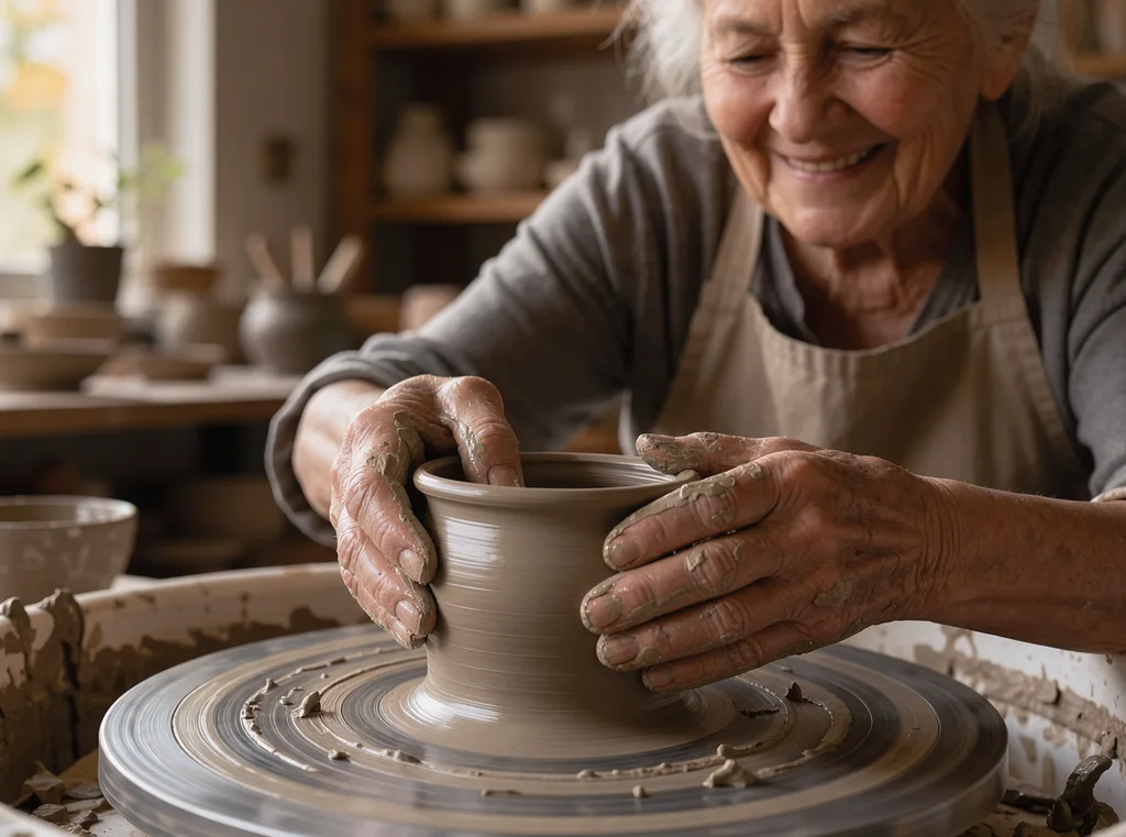 FLUX 3: Close-up documentary photo of an elderly woman's wrinkled hands shaping wet clay on a spinning pottery wheel, with clay slip on her fingers. Warm window light; her smiling face is softly out of focus in the background.
