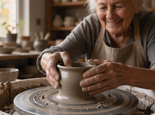 FLUX 3: Close-up documentary photo of an elderly woman's wrinkled hands shaping wet clay on a spinning pottery wheel, with clay slip on her fingers. Warm window light; her smiling face is softly out of focus in the background.