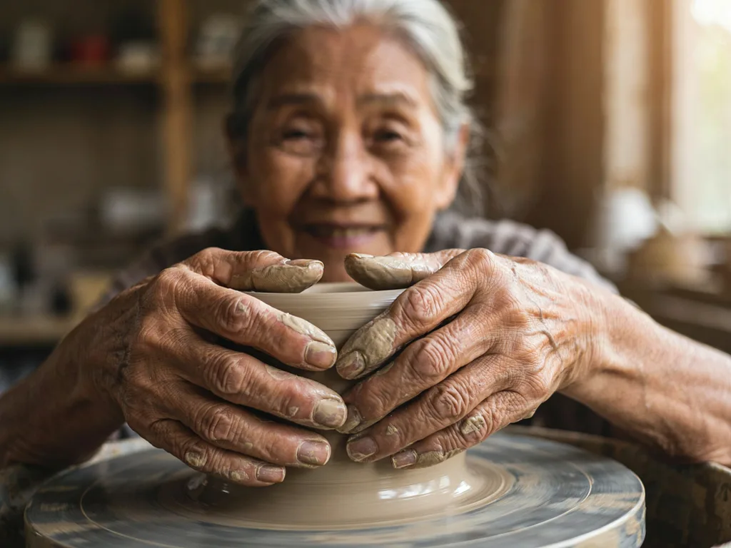 Ideogram V4.5: Close-up documentary photo of an elderly woman's wrinkled hands shaping wet clay on a spinning pottery wheel, with clay slip on her fingers. Warm window light; her smiling face is softly out of focus in the background.