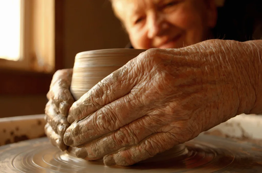 Luma Uni-1 Max: Close-up documentary photo of an elderly woman's wrinkled hands shaping wet clay on a spinning pottery wheel, with clay slip on her fingers. Warm window light; her smiling face is softly out of focus in the background.