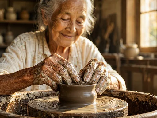 MAI-Image-2.5-Pro: Close-up documentary photo of an elderly woman's wrinkled hands shaping wet clay on a spinning pottery wheel, with clay slip on her fingers. Warm window light; her smiling face is softly out of focus in the background.