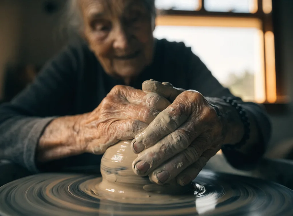 Recraft V4.1: Close-up documentary photo of an elderly woman's wrinkled hands shaping wet clay on a spinning pottery wheel, with clay slip on her fingers. Warm window light; her smiling face is softly out of focus in the background.