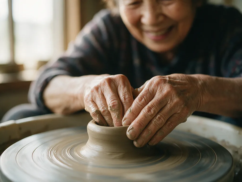 Seedream 5.0 Pro: Close-up documentary photo of an elderly woman's wrinkled hands shaping wet clay on a spinning pottery wheel, with clay slip on her fingers. Warm window light; her smiling face is softly out of focus in the background.