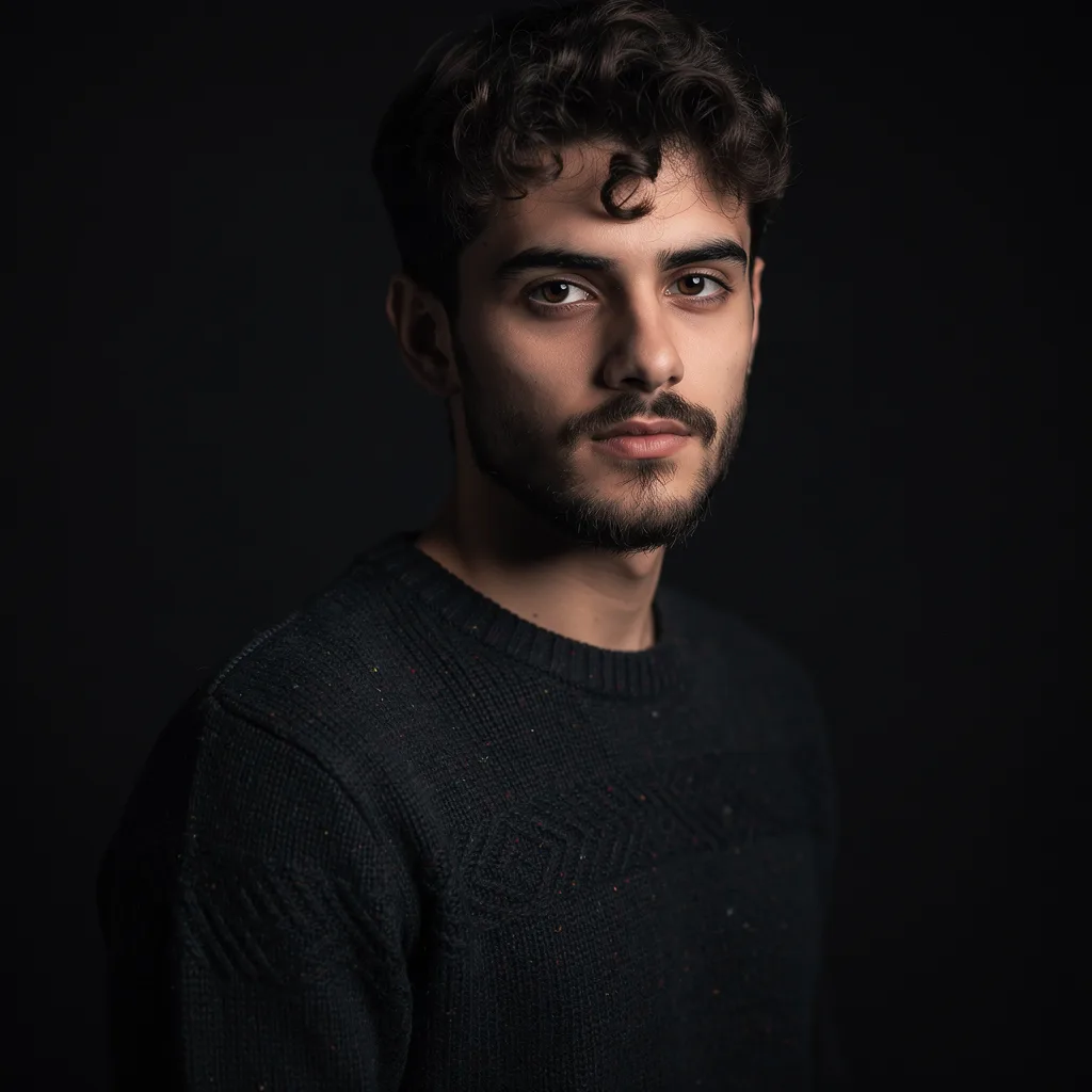 FLUX.2 [pro]: Fine-art portrait of a young man with curly dark hair and a short beard, wearing a textured wool sweater. Rembrandt lighting with a small triangle of light on the shadow-side cheek, a black background, moody low-key photographic look.