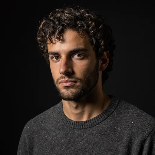 FLUX 3: Fine-art portrait of a young man with curly dark hair and a short beard, wearing a textured wool sweater. Rembrandt lighting with a small triangle of light on the shadow-side cheek, a black background, moody low-key photographic look.
