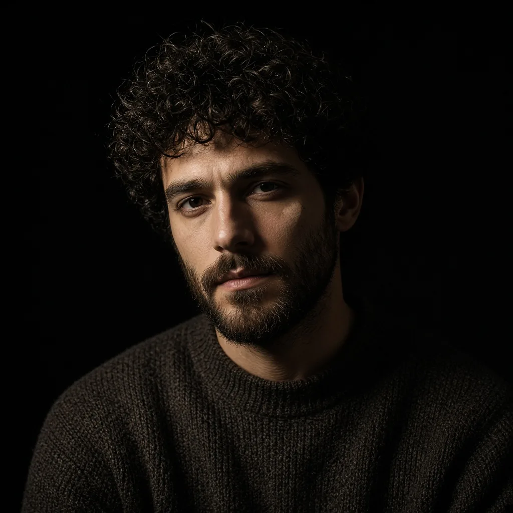 Grok Imagine 2.0: Fine-art portrait of a young man with curly dark hair and a short beard, wearing a textured wool sweater. Rembrandt lighting with a small triangle of light on the shadow-side cheek, a black background, moody low-key photographic look.
