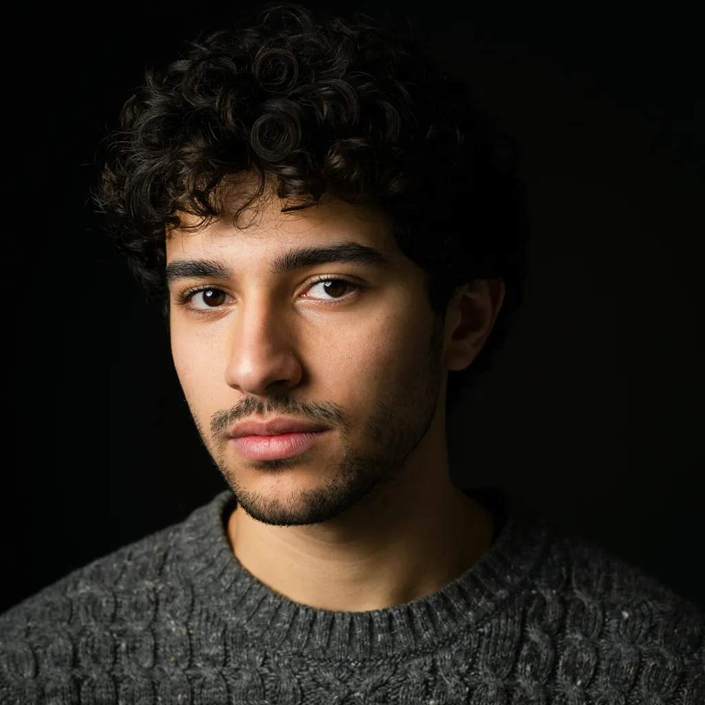 Ideogram V4.5: Fine-art portrait of a young man with curly dark hair and a short beard, wearing a textured wool sweater. Rembrandt lighting with a small triangle of light on the shadow-side cheek, a black background, moody low-key photographic look.