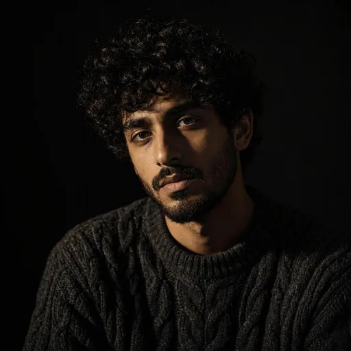 MAI-Image-2.5-Pro: Fine-art portrait of a young man with curly dark hair and a short beard, wearing a textured wool sweater. Rembrandt lighting with a small triangle of light on the shadow-side cheek, a black background, moody low-key photographic look.