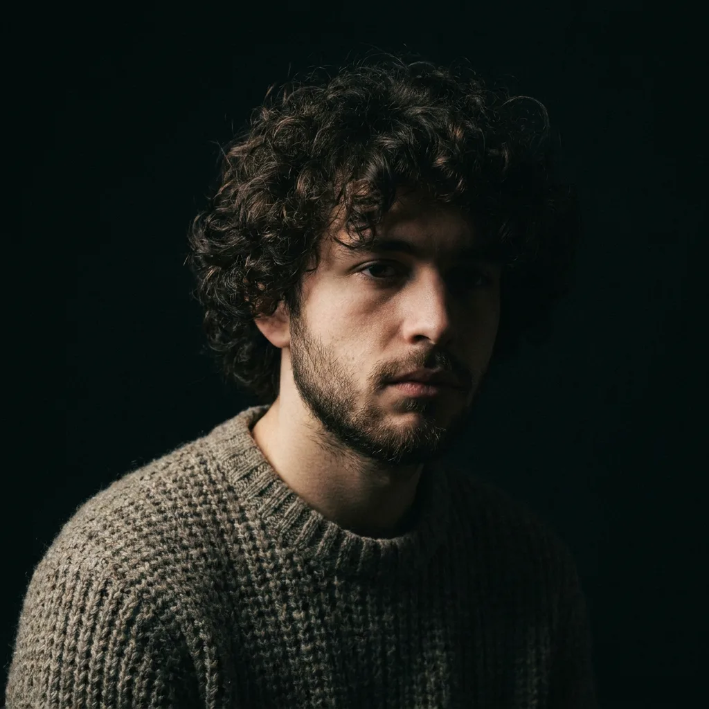 Nano Banana Pro: Fine-art portrait of a young man with curly dark hair and a short beard, wearing a textured wool sweater. Rembrandt lighting with a small triangle of light on the shadow-side cheek, a black background, moody low-key photographic look.