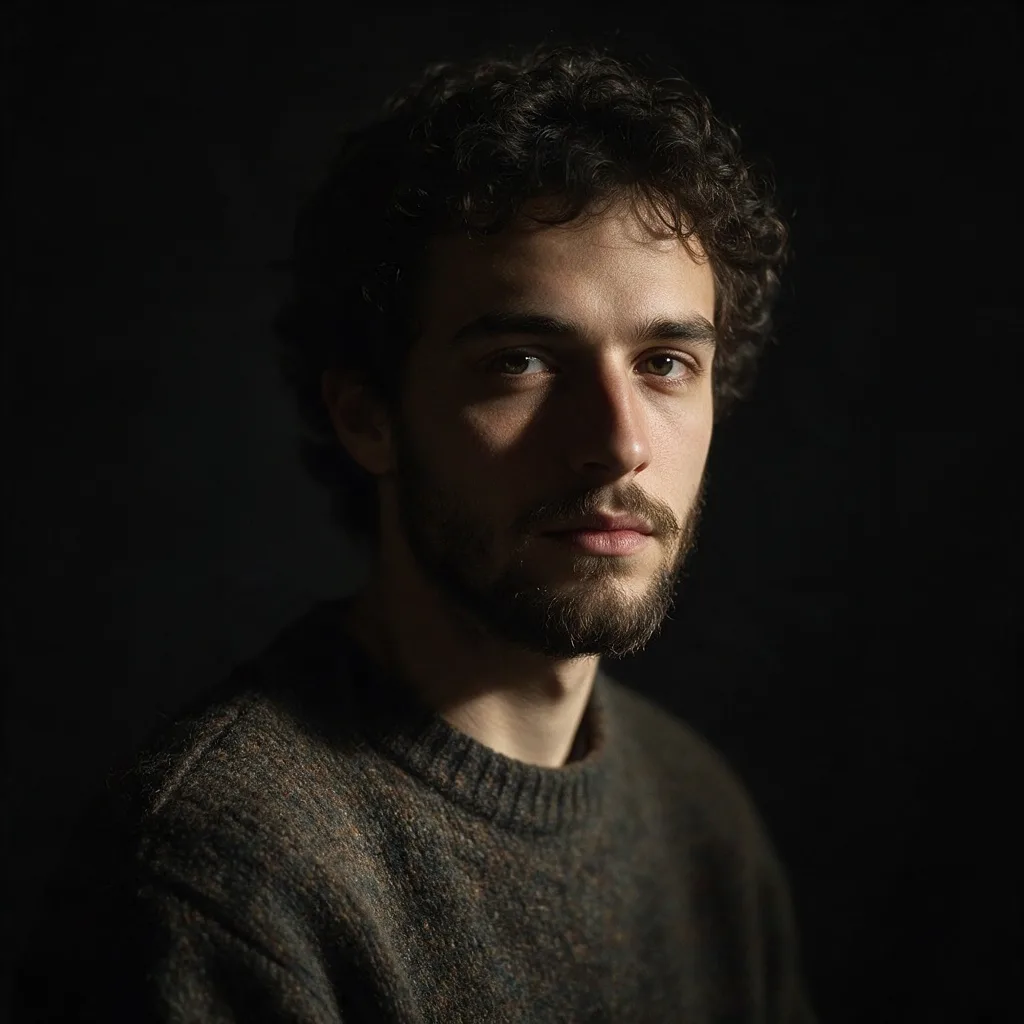 Seedream 5.0 Pro: Fine-art portrait of a young man with curly dark hair and a short beard, wearing a textured wool sweater. Rembrandt lighting with a small triangle of light on the shadow-side cheek, a black background, moody low-key photographic look.