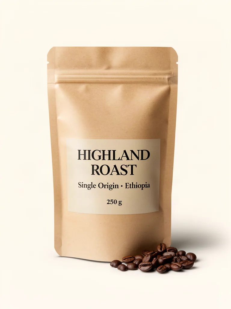 FLUX.2 [dev]: E-commerce packshot of a matte kraft paper stand-up coffee pouch with a resealable zip, on a plain warm white background with a soft contact shadow, a few roasted coffee beans in front. The label has three lines of text: "HIGHLAND ROAST" in bold serif, "Single Origin · Ethiopia" below it, and "250 g" at the bottom.