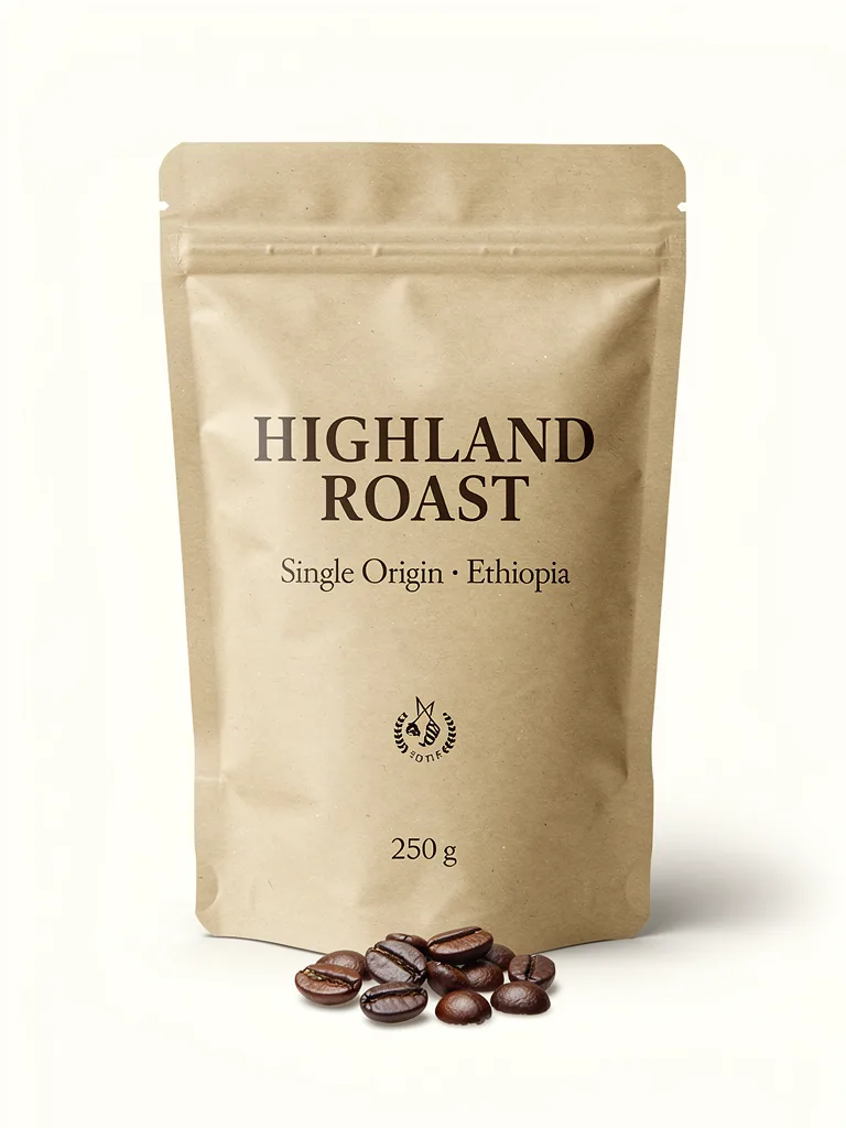 FLUX.2 [pro]: E-commerce packshot of a matte kraft paper stand-up coffee pouch with a resealable zip, on a plain warm white background with a soft contact shadow, a few roasted coffee beans in front. The label has three lines of text: "HIGHLAND ROAST" in bold serif, "Single Origin · Ethiopia" below it, and "250 g" at the bottom.